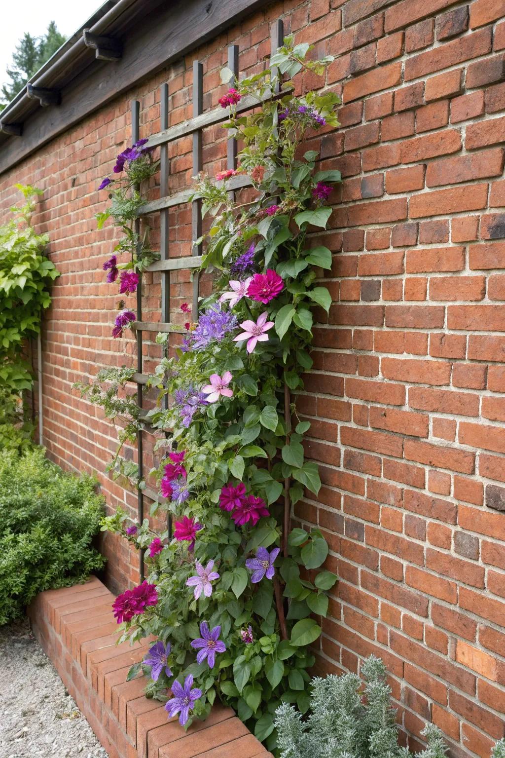 Clematis blooms are displayed gracefully on a wall-mounted trellis against a brick background.