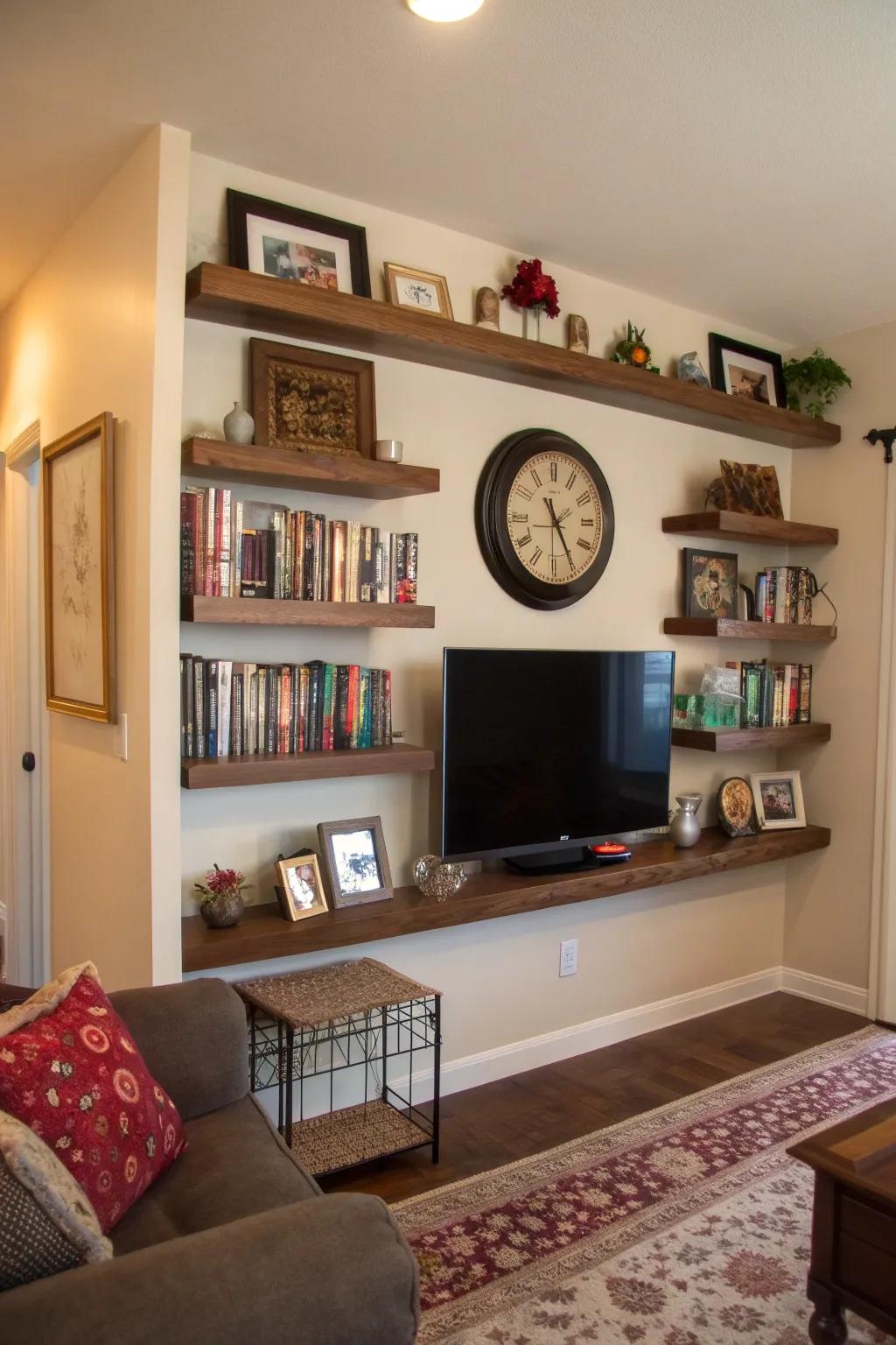 Floating shelves enhance a clock above a TV, perfect for showcasing decor.