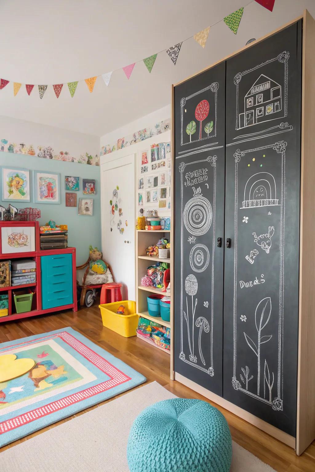Chalkboard doors provide a surface for creative expression.
