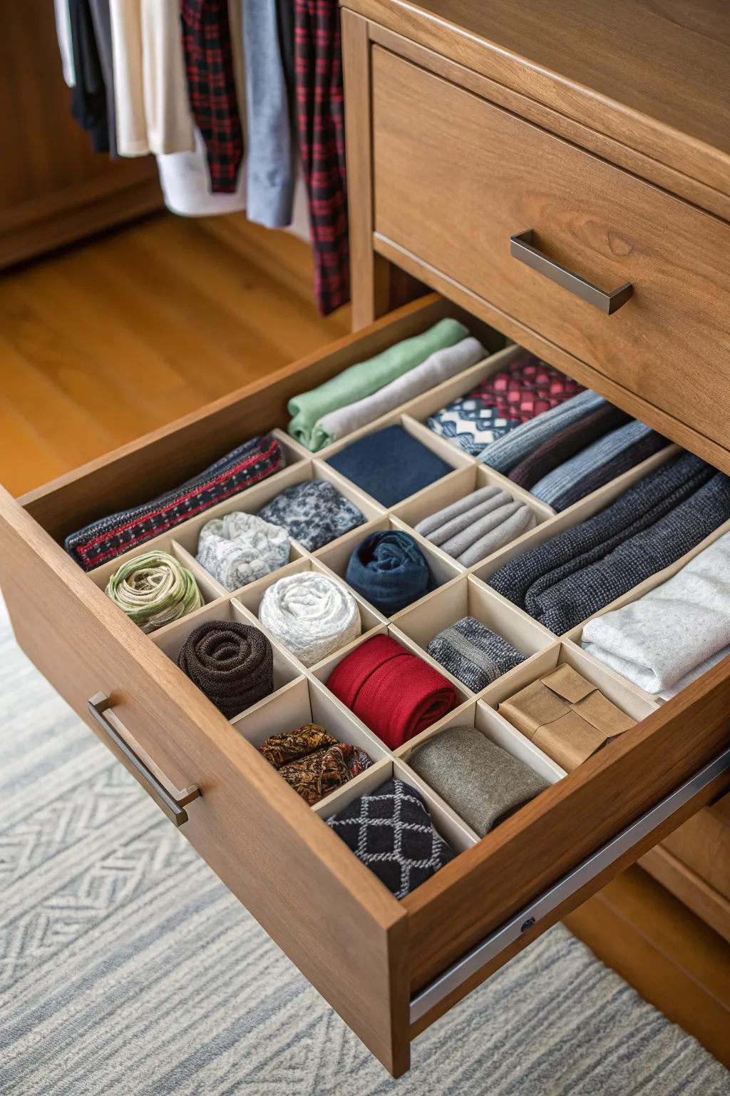 With drawer organizers, small items are kept neat and easy to get to.