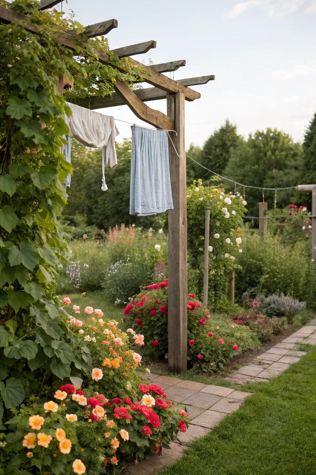 A trellis clothesline blending seamlessly with garden greenery.