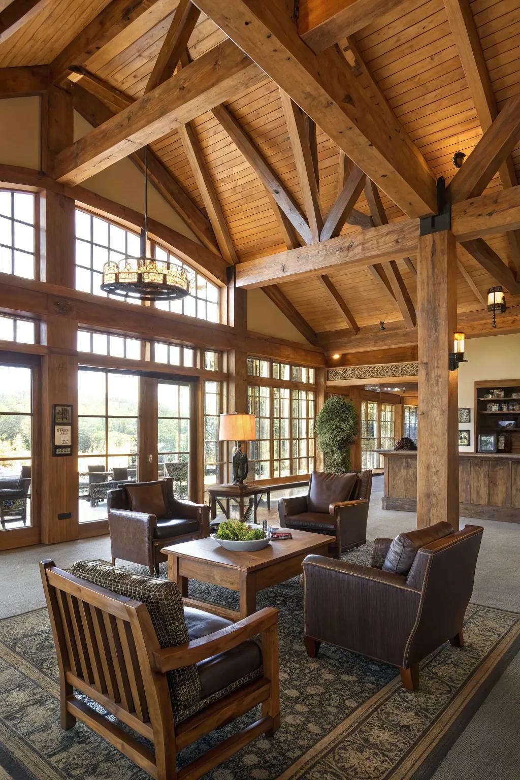 Rustic features with wooden beams and furniture in a clubhouse.