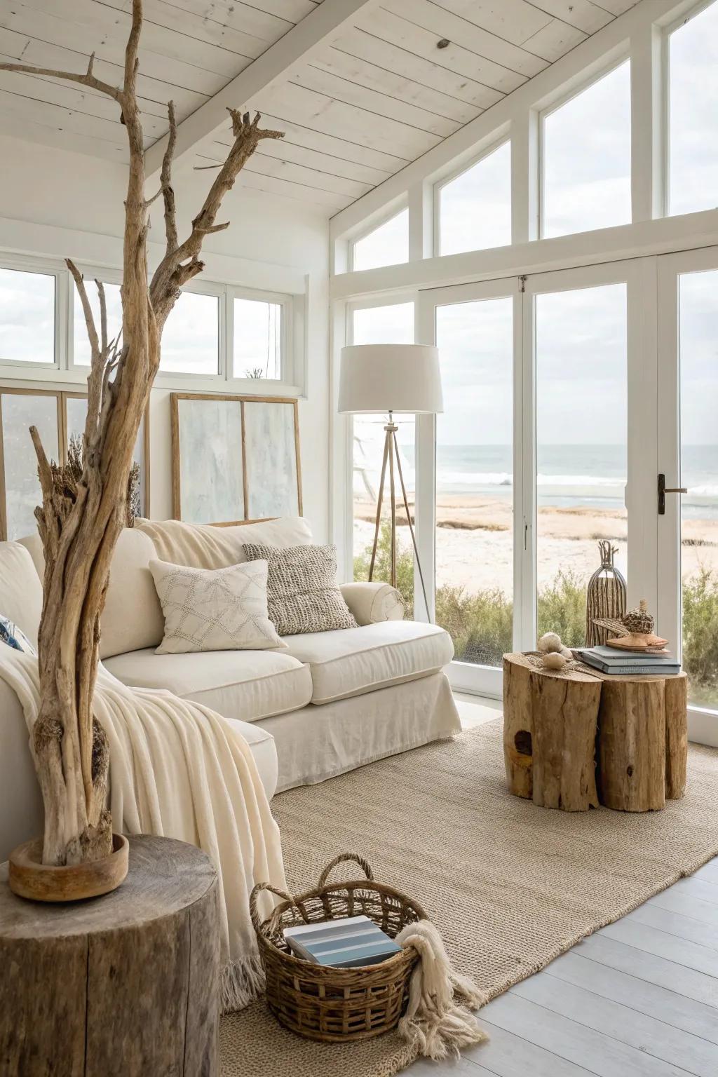 Driftwood adds rustic charm to coastal decor.
