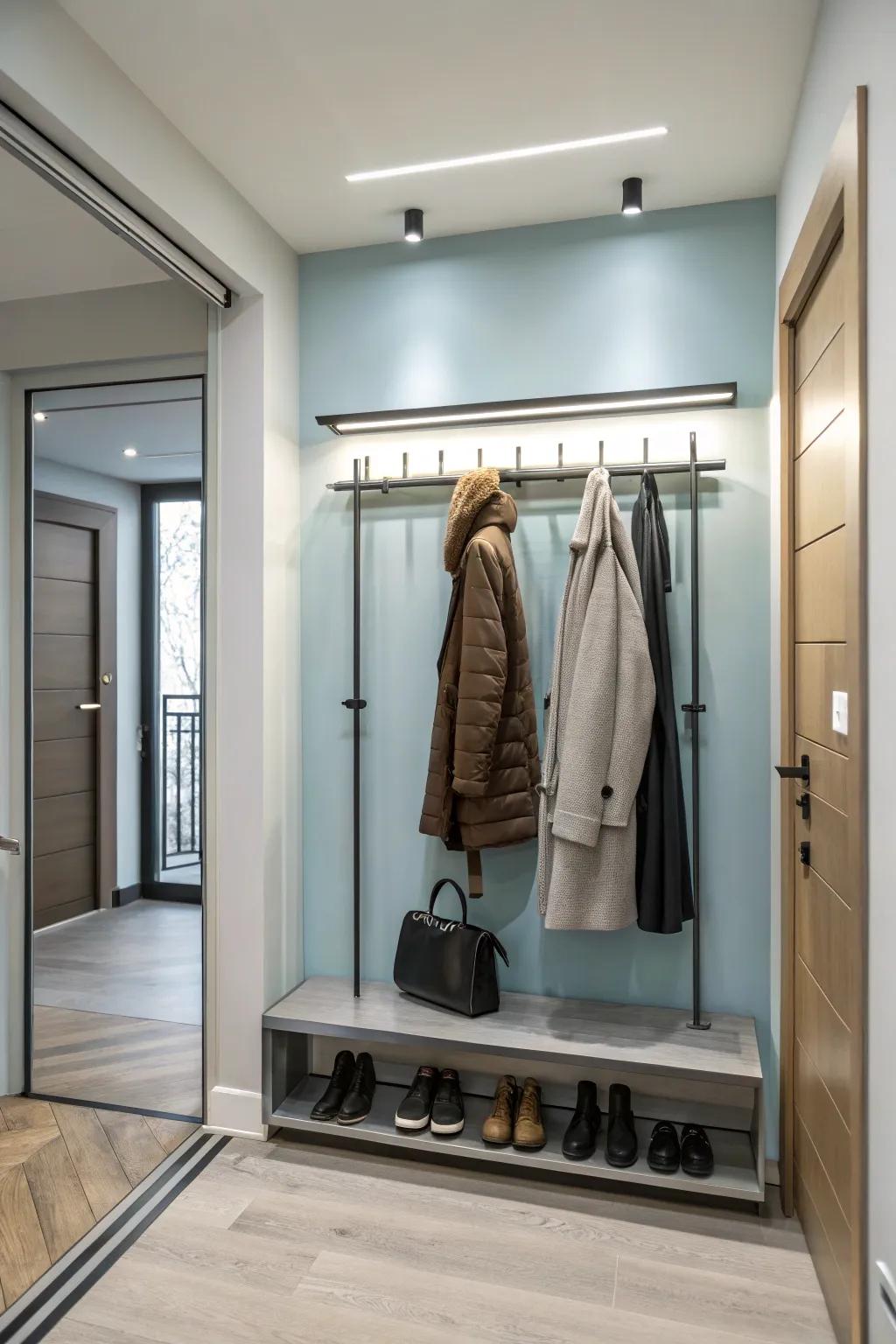 A streamlined wall-secured stand providing elegant coat stowing.