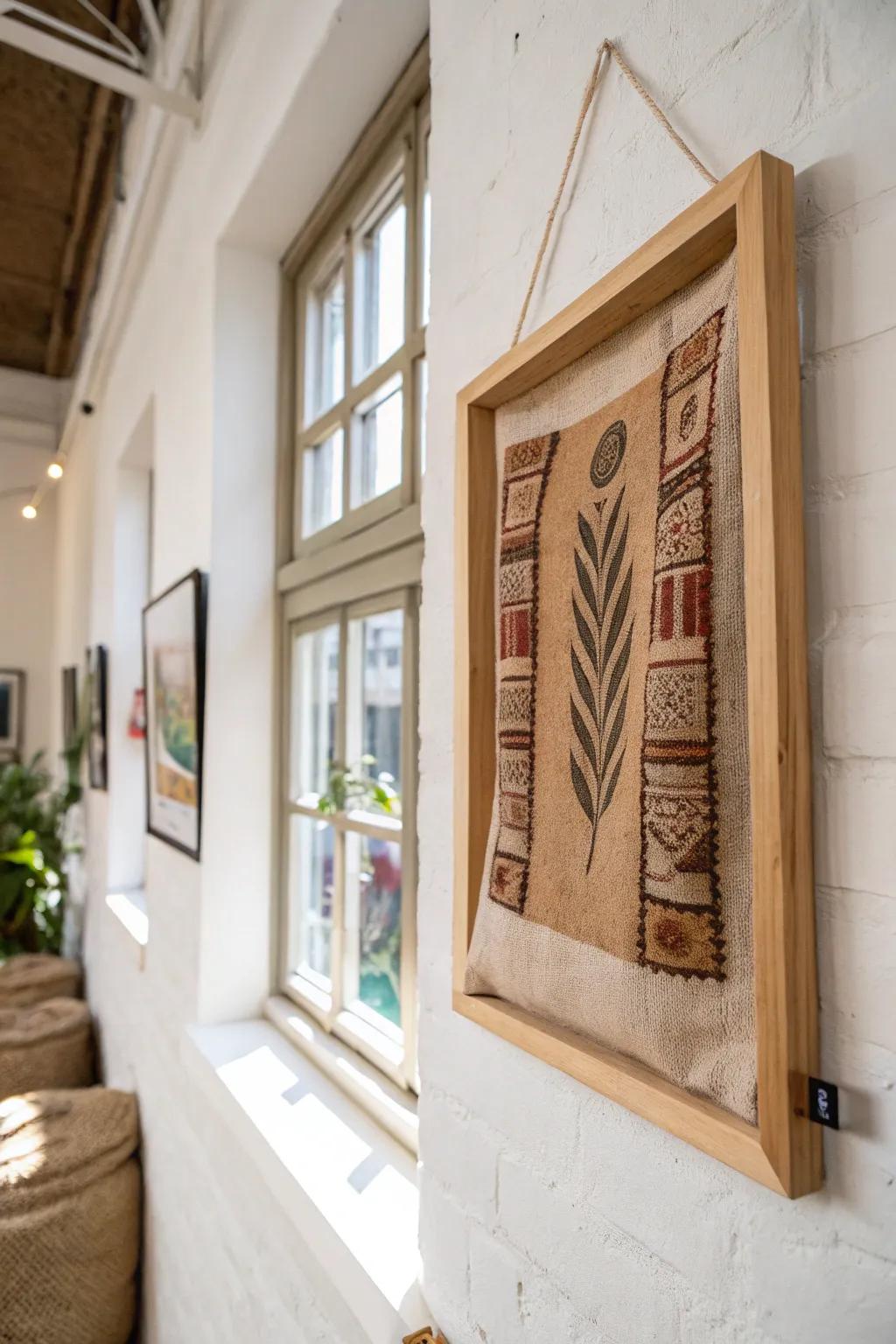 Transform rustic textures into art with framed coffee sacks, perfect for a cozy and minimalist aesthetic.
