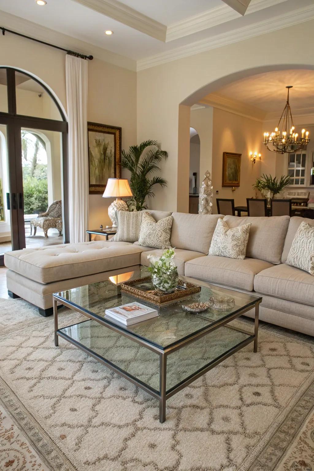 A glass coffee table lightens the ambiance, elegantly complementing the sectional.