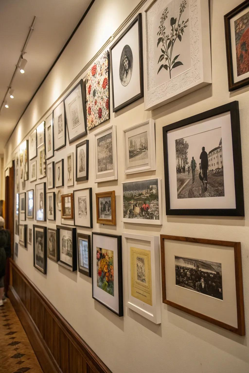 A gallery wall showing a mix of personal photos and artistic prints.
