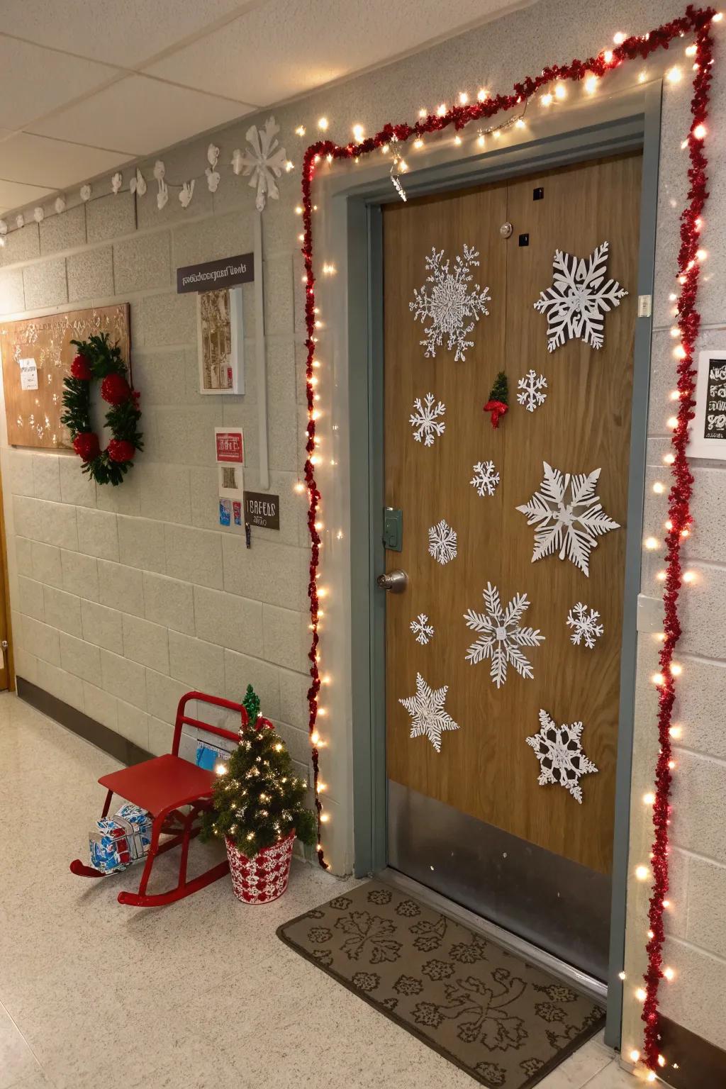 Infuse the space with holiday cheer through a festive door display.