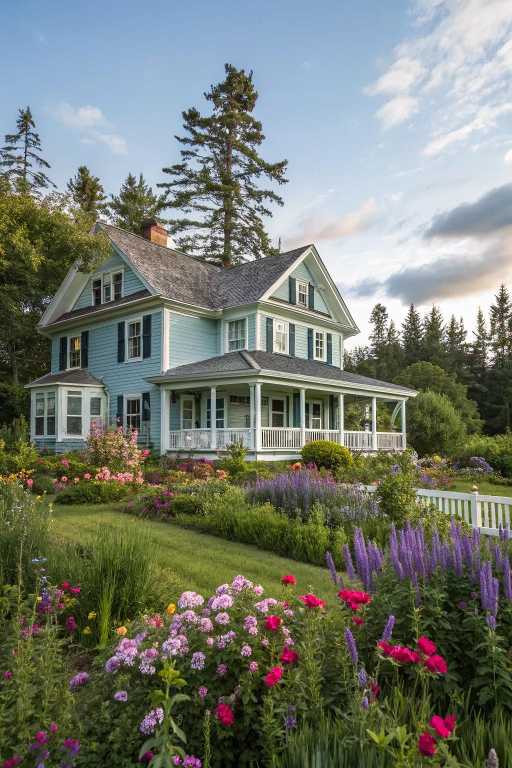 A stylish colonial house with an understated blue frontage nestled within a lush garden.