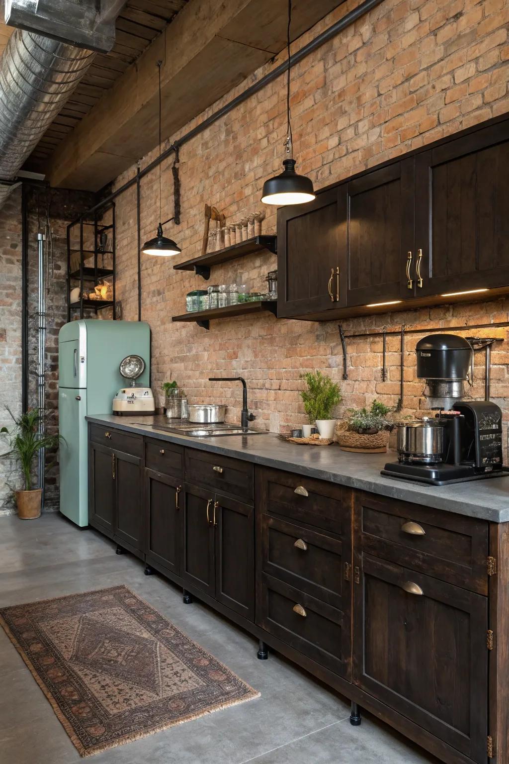 An industrial chic kitchen featuring dark cabinets and exposed brick walls for a comfortable, modern ambiance.