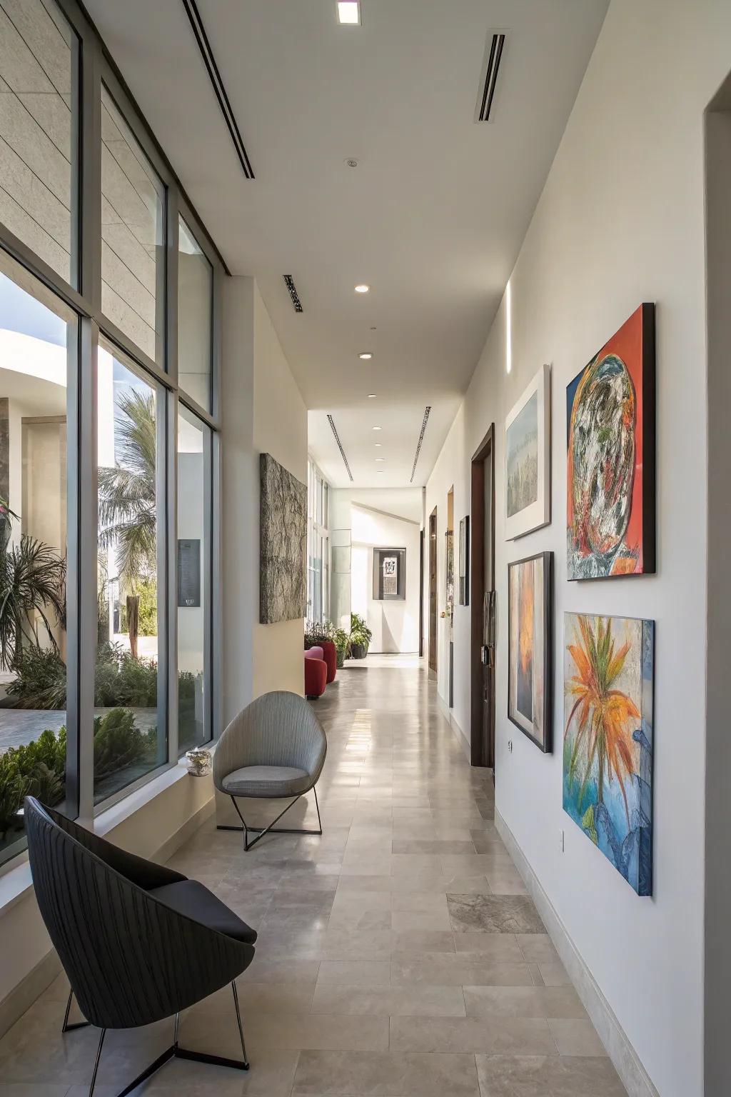 Bright artwork can transform your hallway into an inspiring gallery.