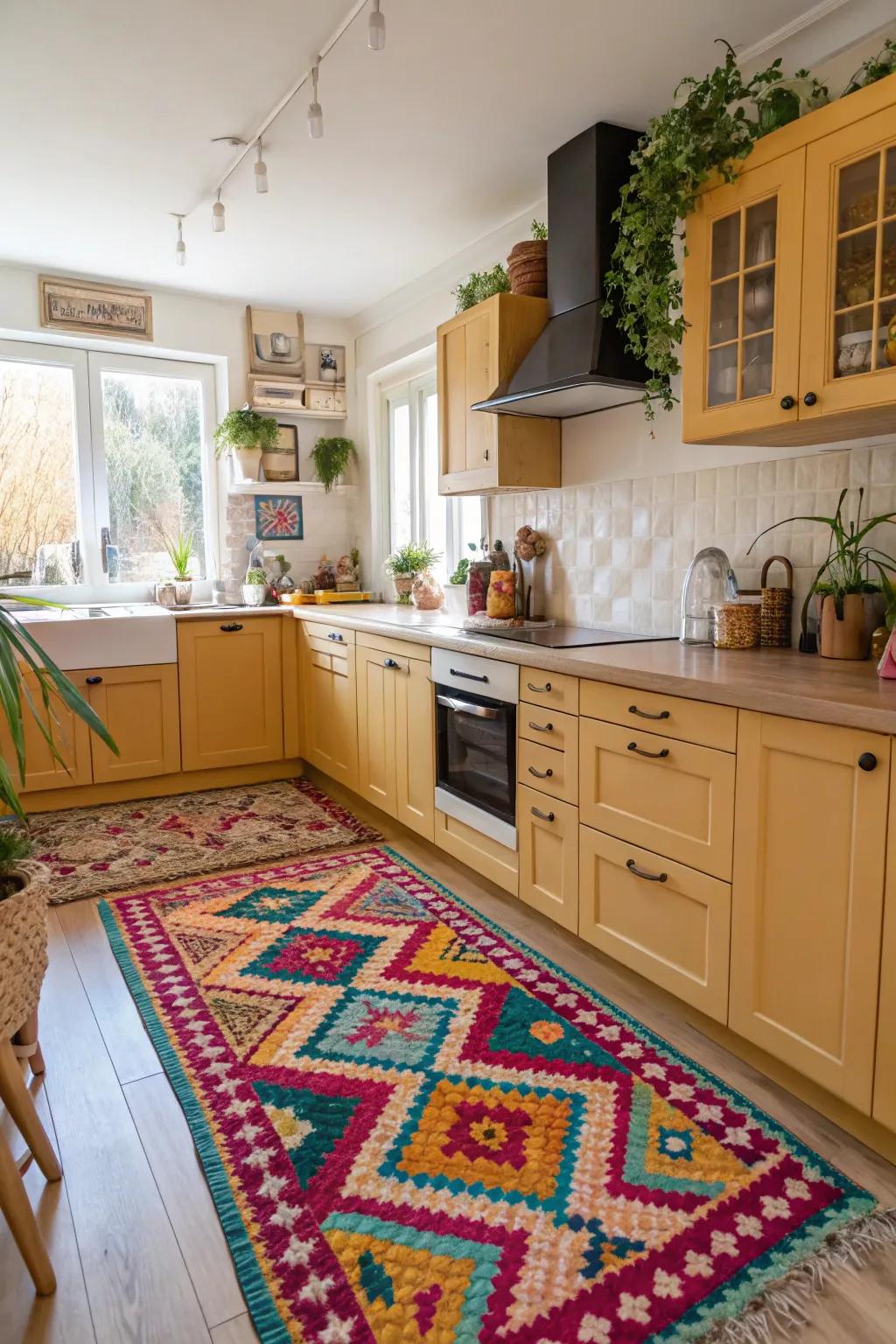 An ornamental floor mat injects vibrancy and warmth into the cooking area.