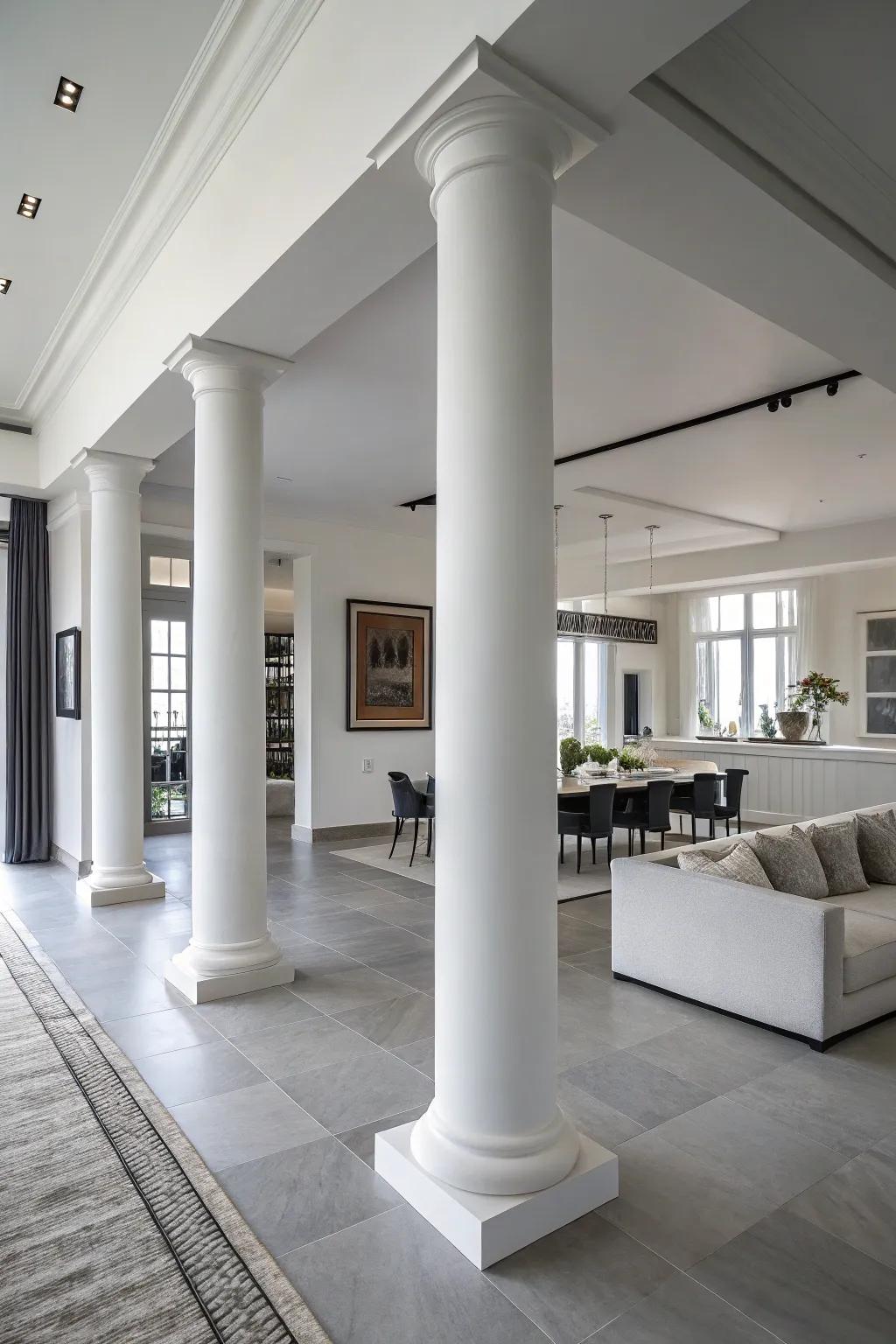 Unadorned columns providing subtle division in a chic modern living room.