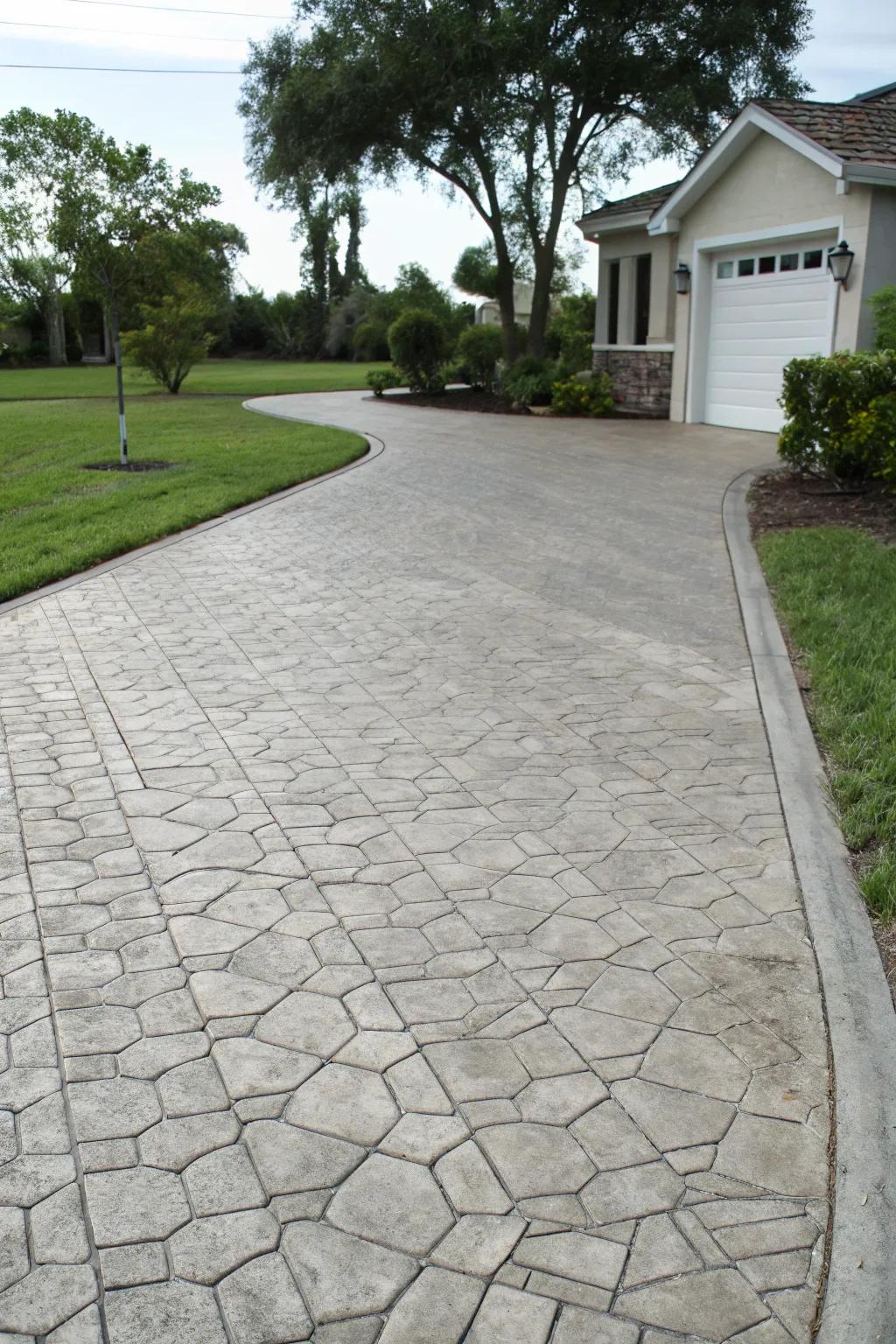 A textured concrete driveway providing the appeal of cobblestone.