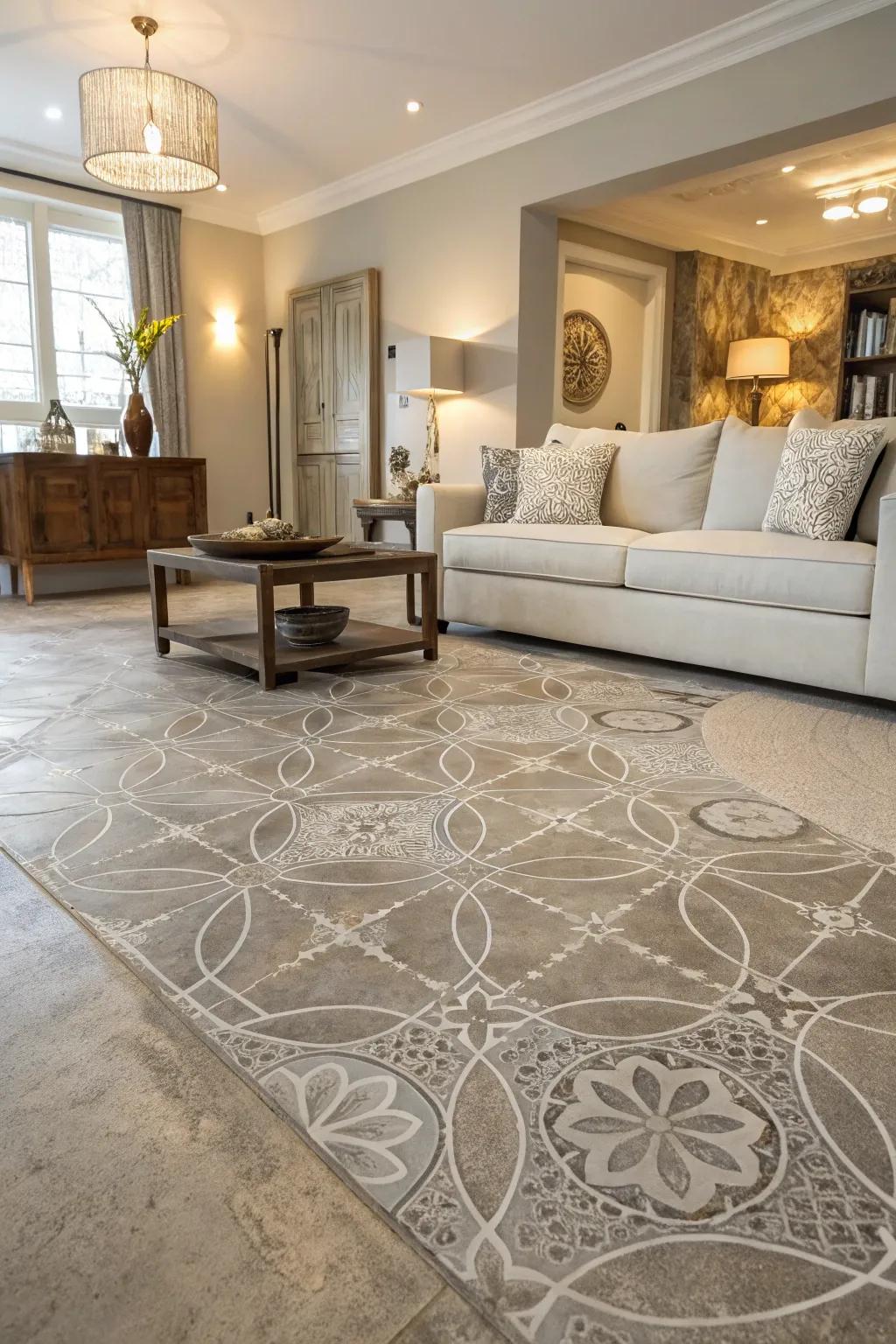 Textured concrete floors add depth and visual interest to a chic living room.