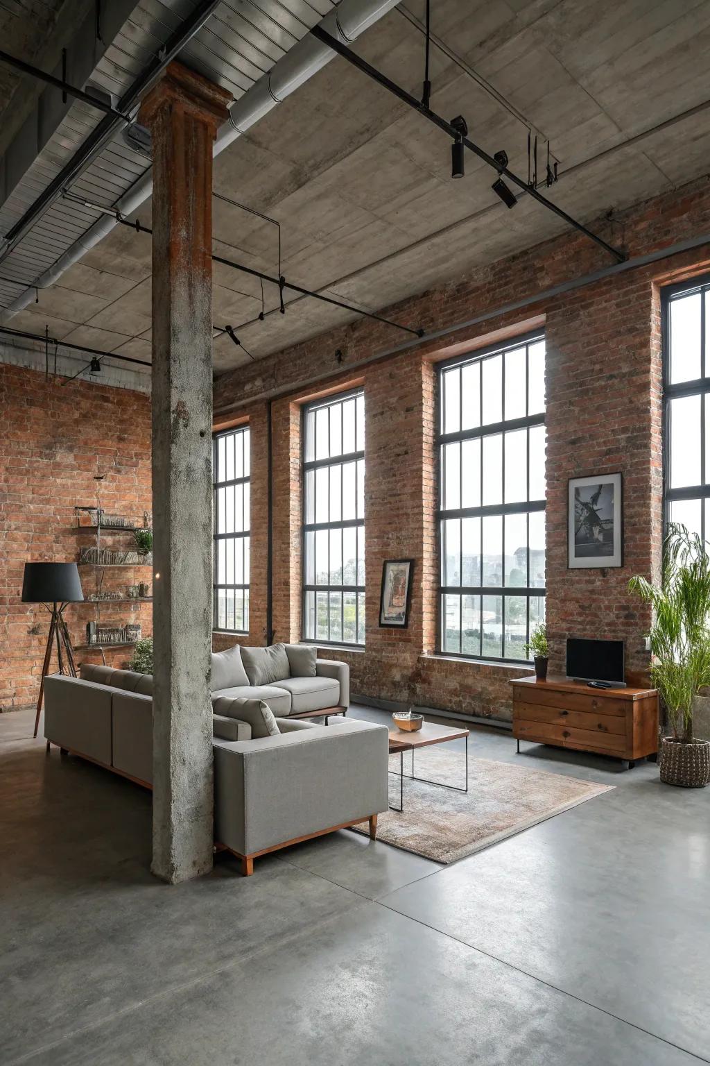 Industrial elegance is created with concrete floors and exposed brick accents.