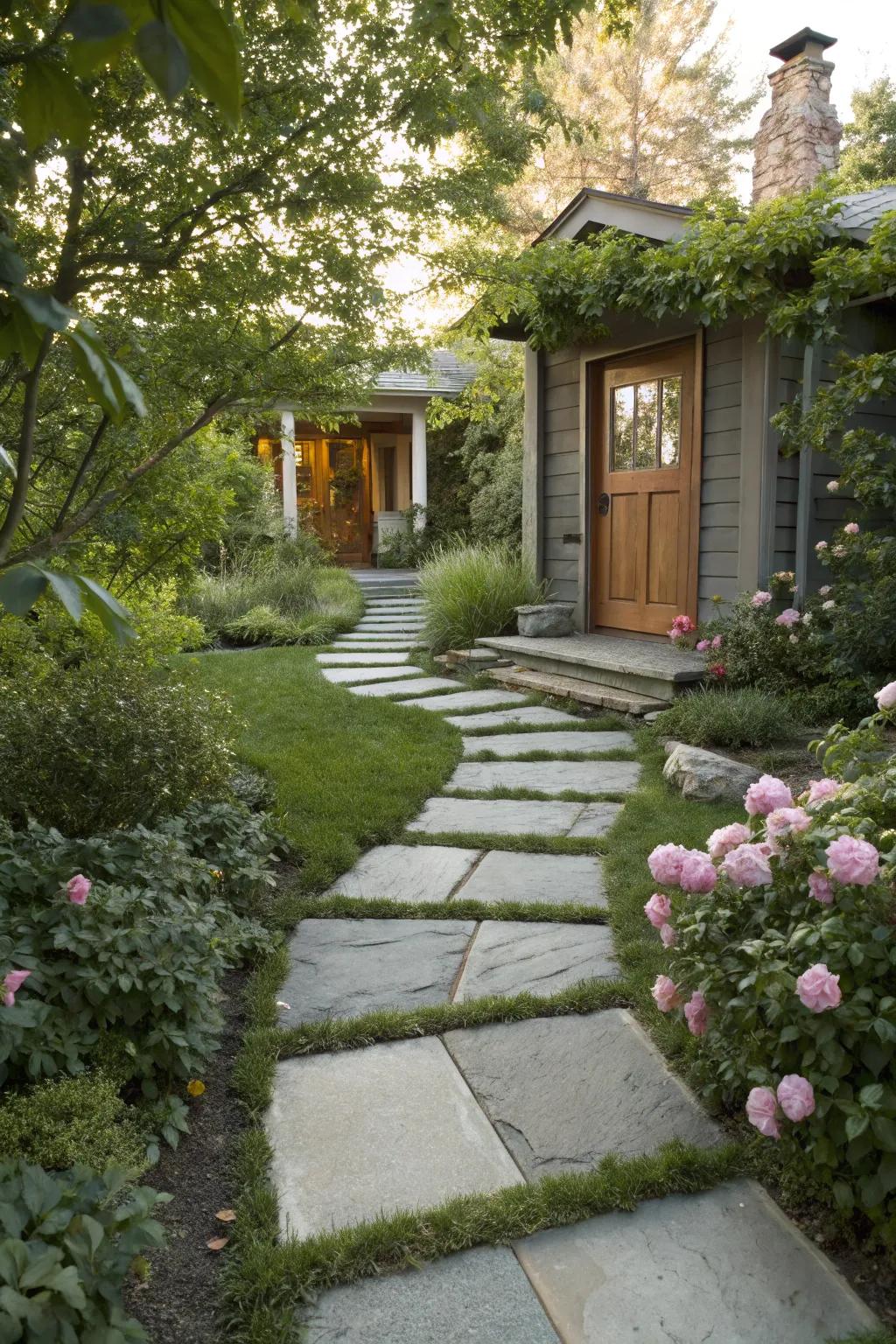 Blending concrete and stone results in a visually striking entrance.