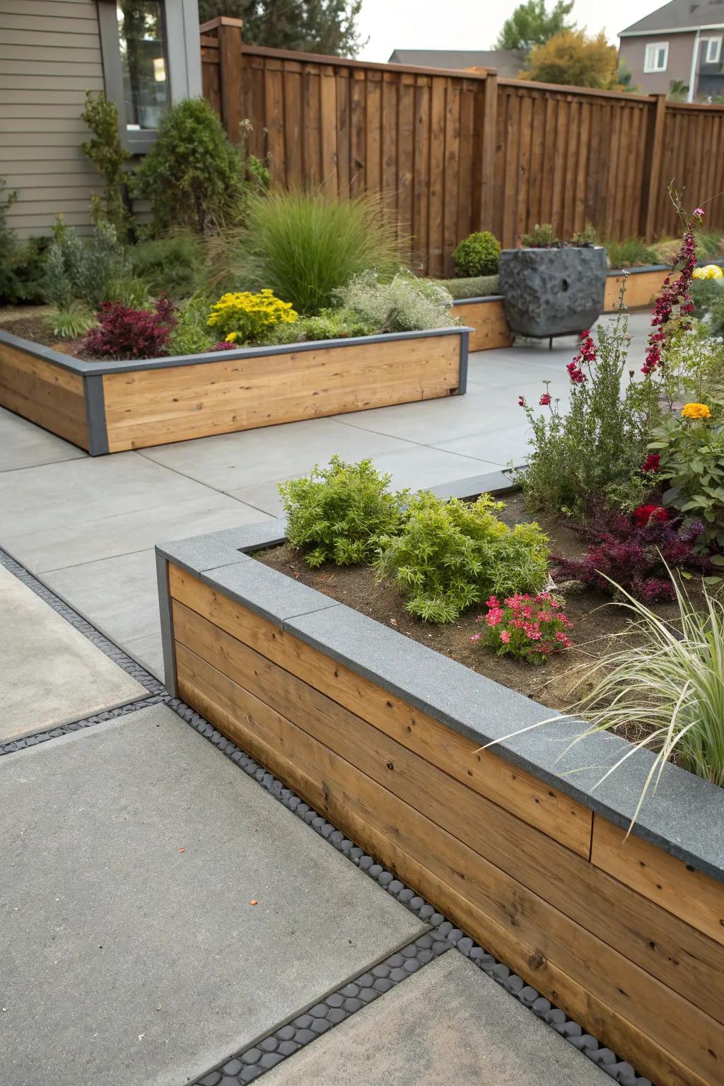 Contrasting materials add a modern twist to patio borders.