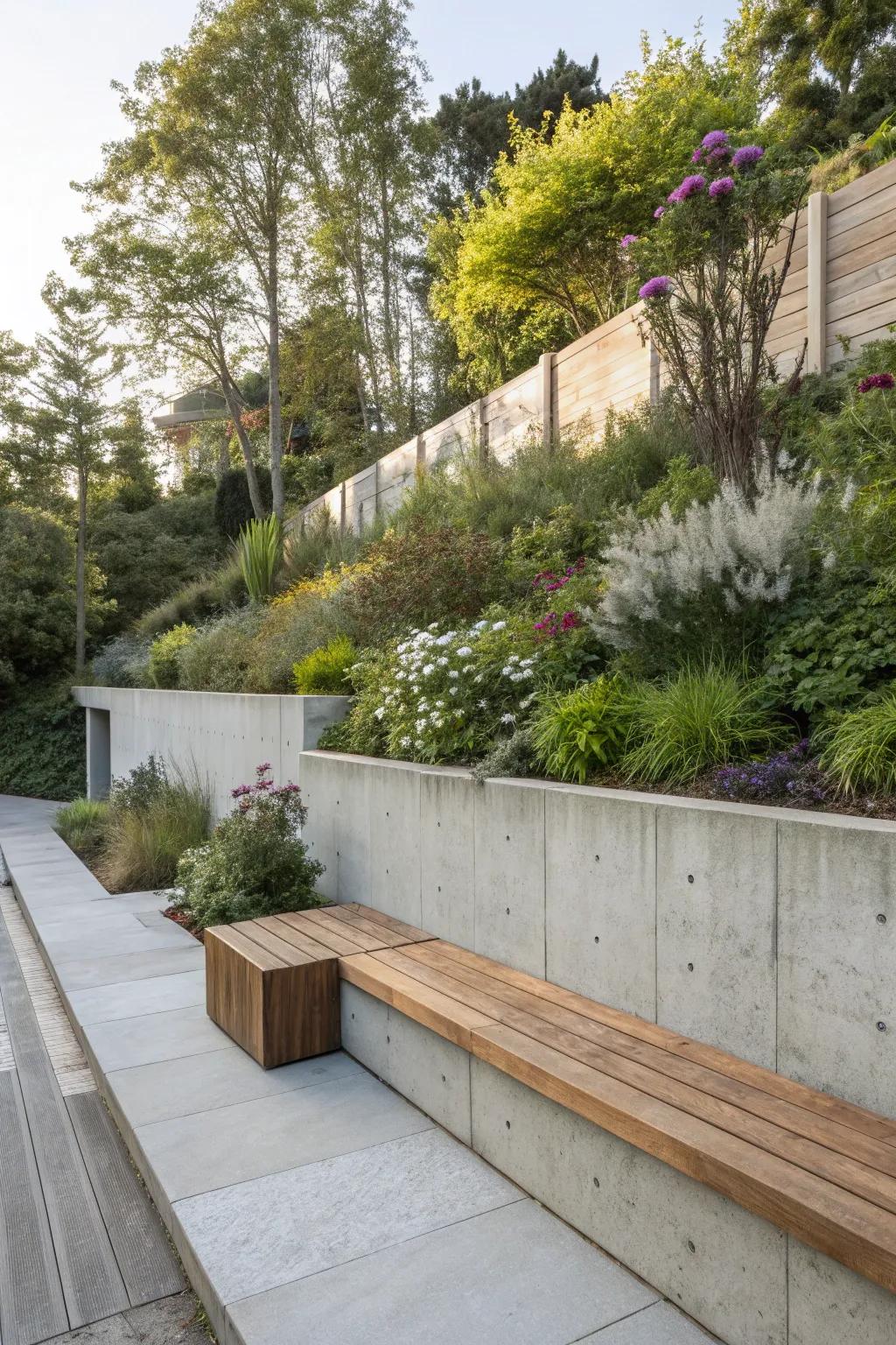 Built-in seating adds functionality to retaining walls.
