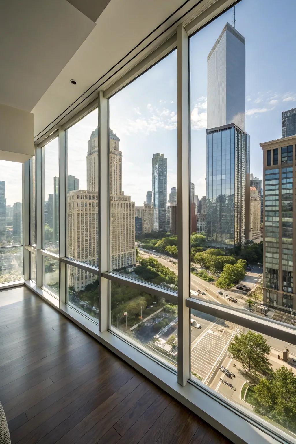 A condo featuring expansive windows that overlook a vibrant urban panorama.