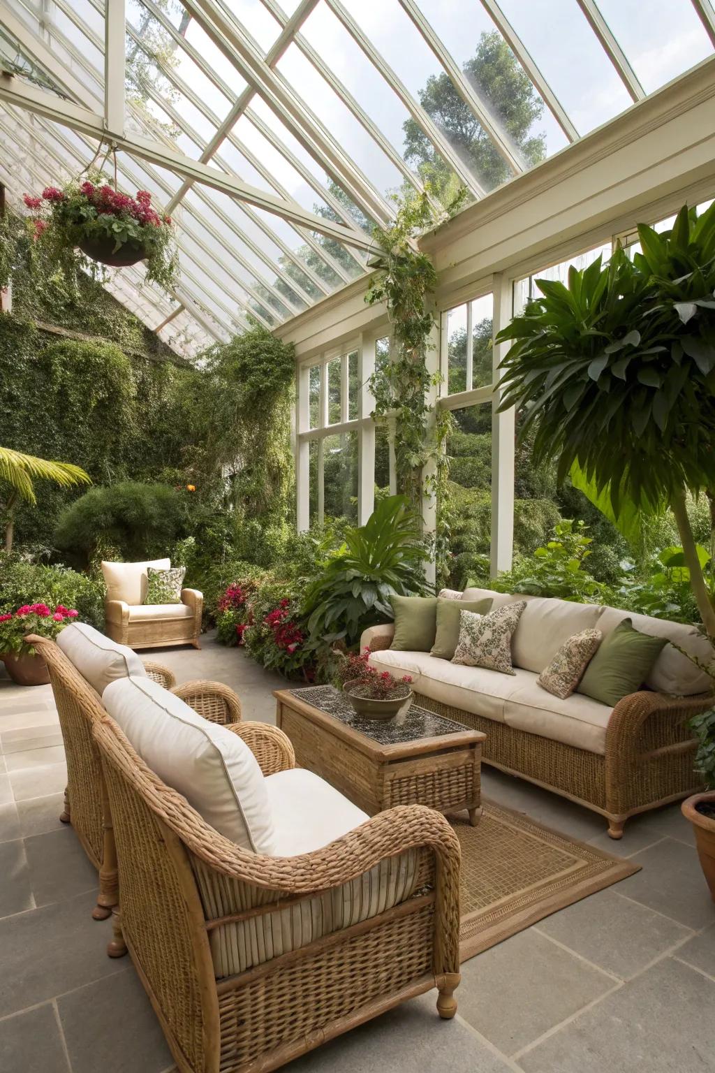 An inviting seating arrangement in a conservatory featuring plush couches and rattan chairs.