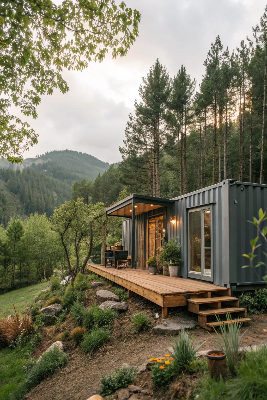 A container home harmoniously integrated with its surrounding environment.