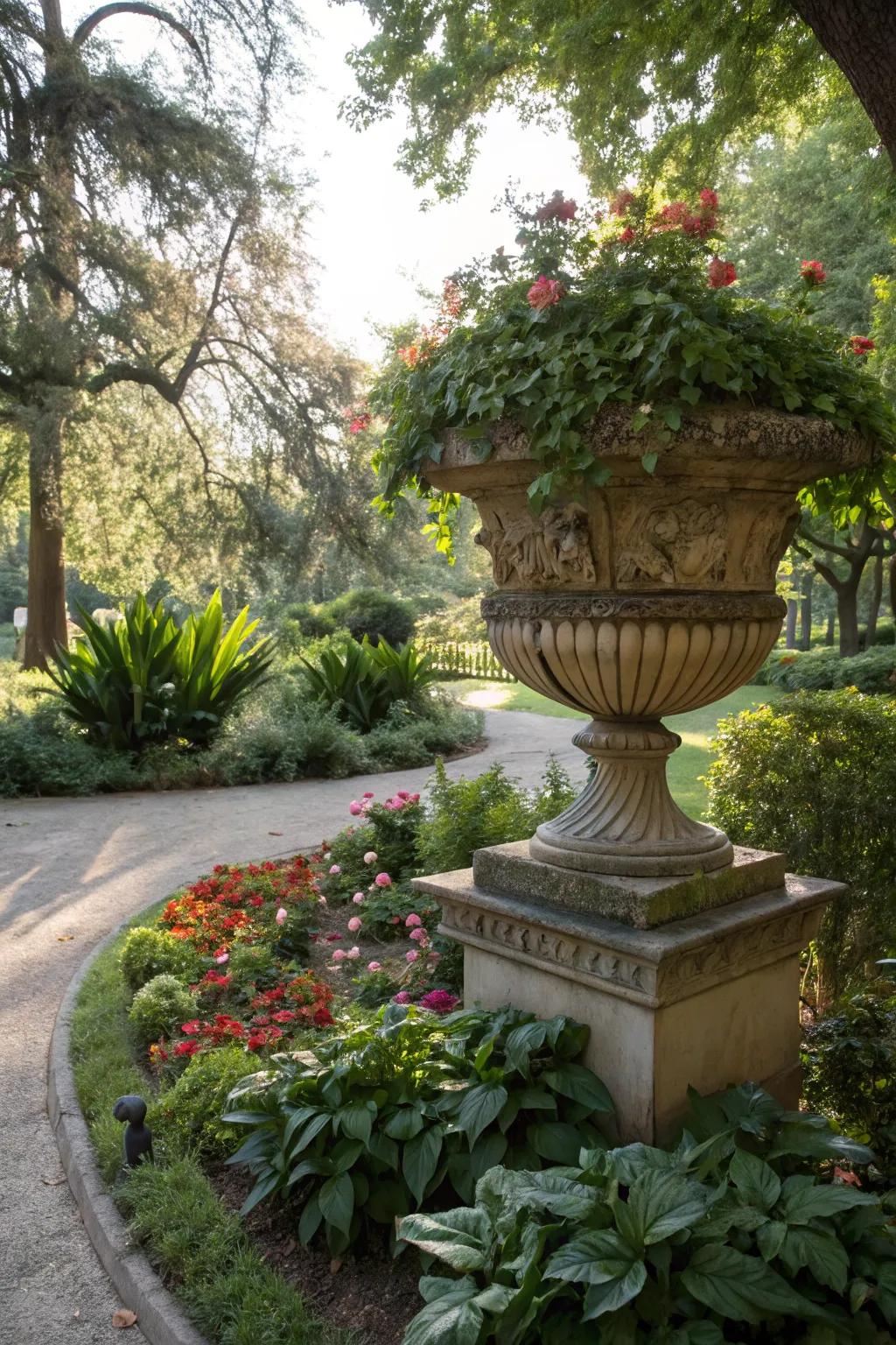 An ornamental planter serving as a garden centerpiece.