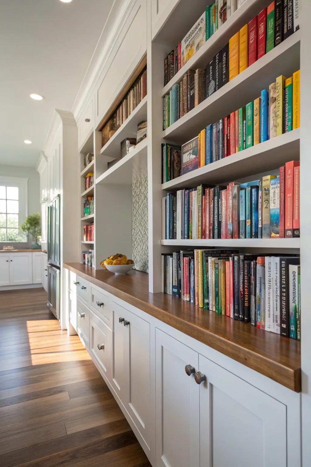 Custom built-in shelves provide a cohesive look for storing cookbooks.