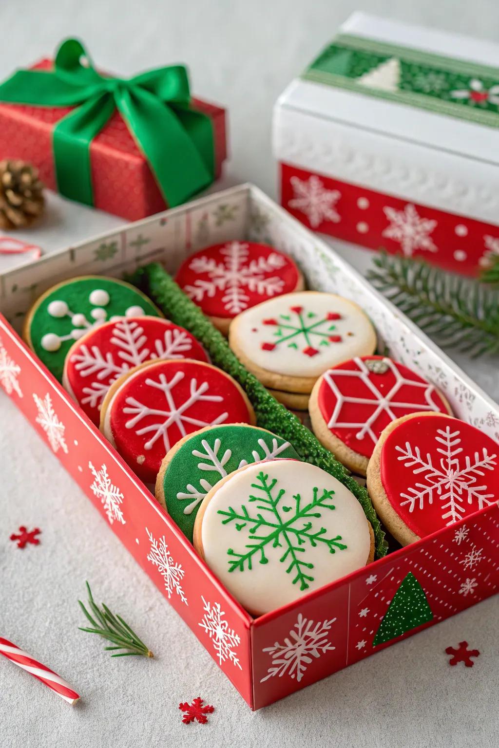 Holiday-themed presentation infuses a celebratory atmosphere into cookie gifts.