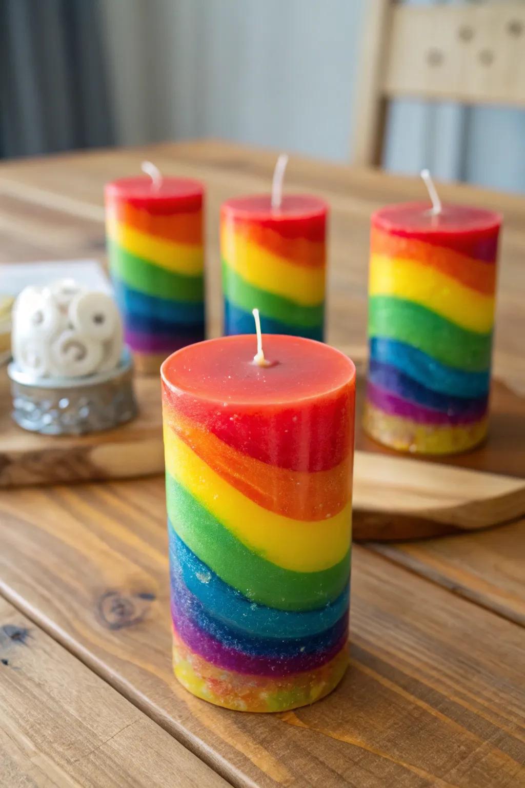 Rainbow wax pour candles introduce a vibrant touch of color.