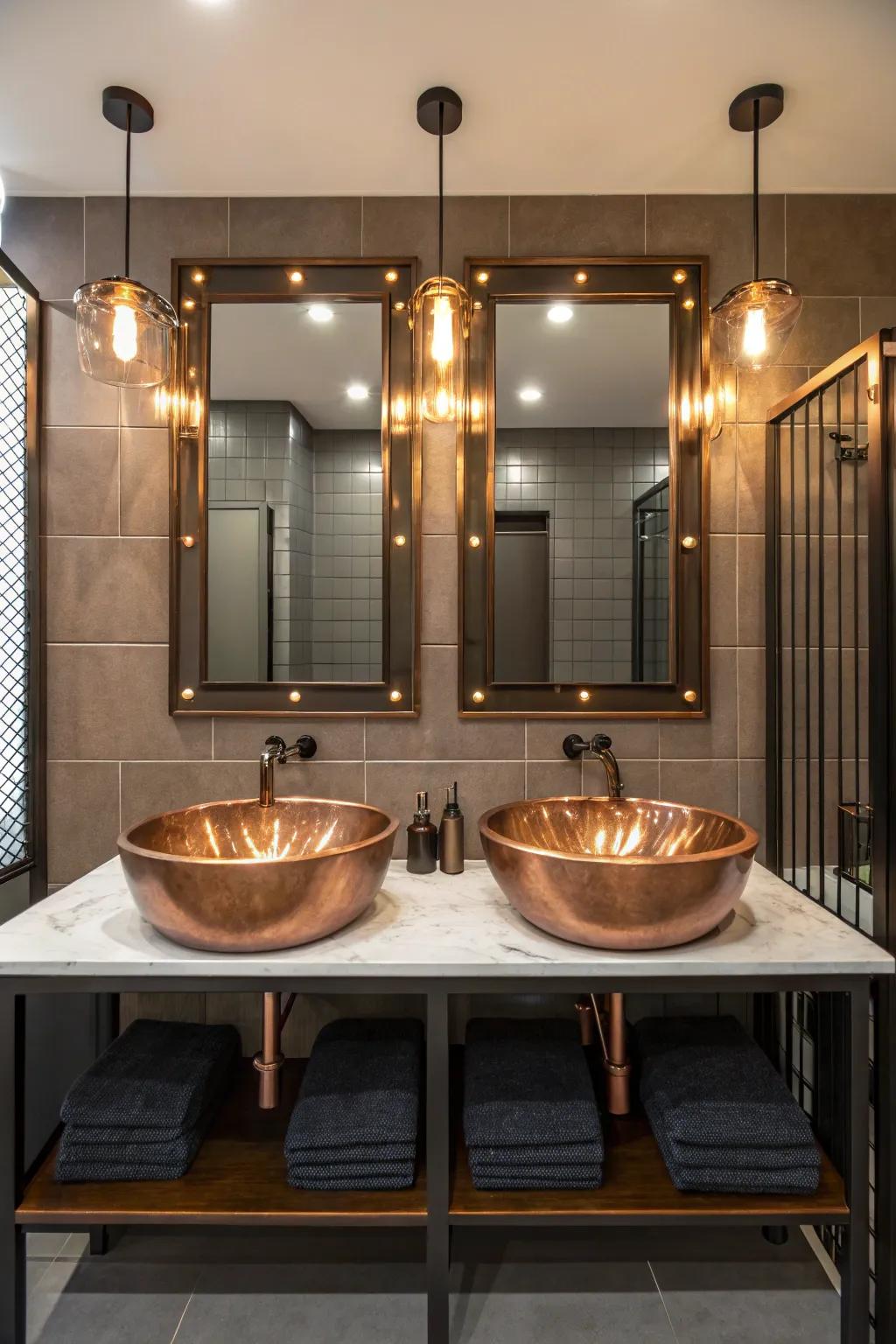 Dual bronze basins bring balance and style to this well-designed shared bathroom.
