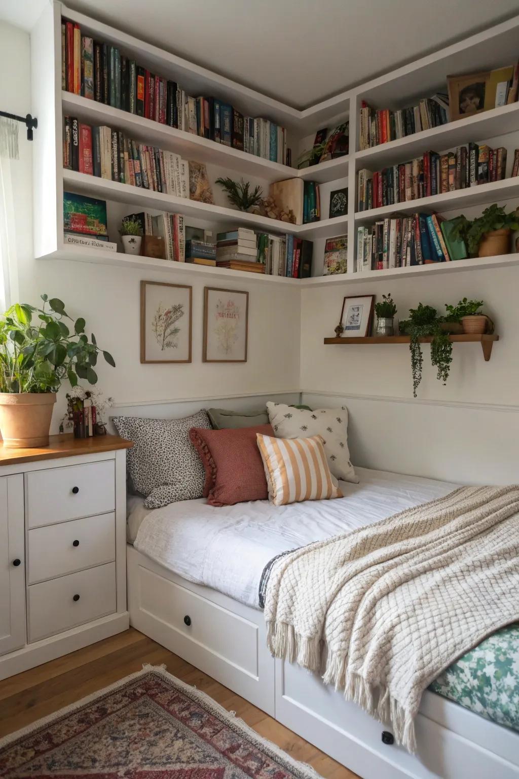 Integrated shelves bring extra storage and style above a corner bed.