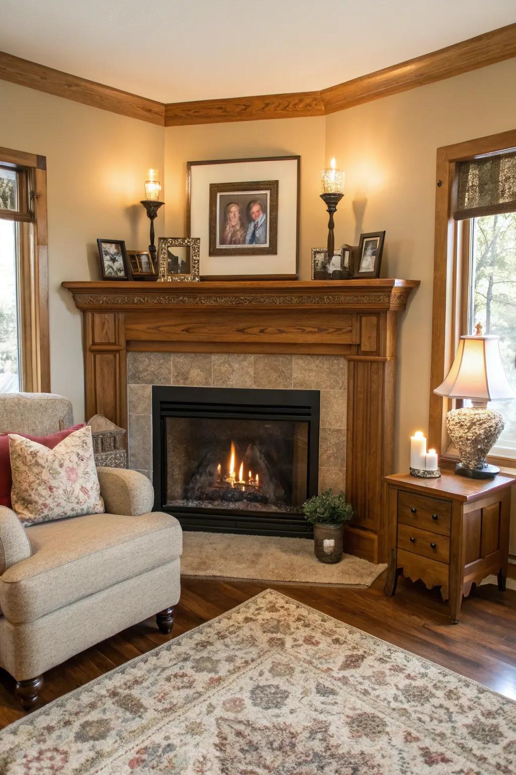 Traditional timber mantel enhancing a classic corner fireplace.