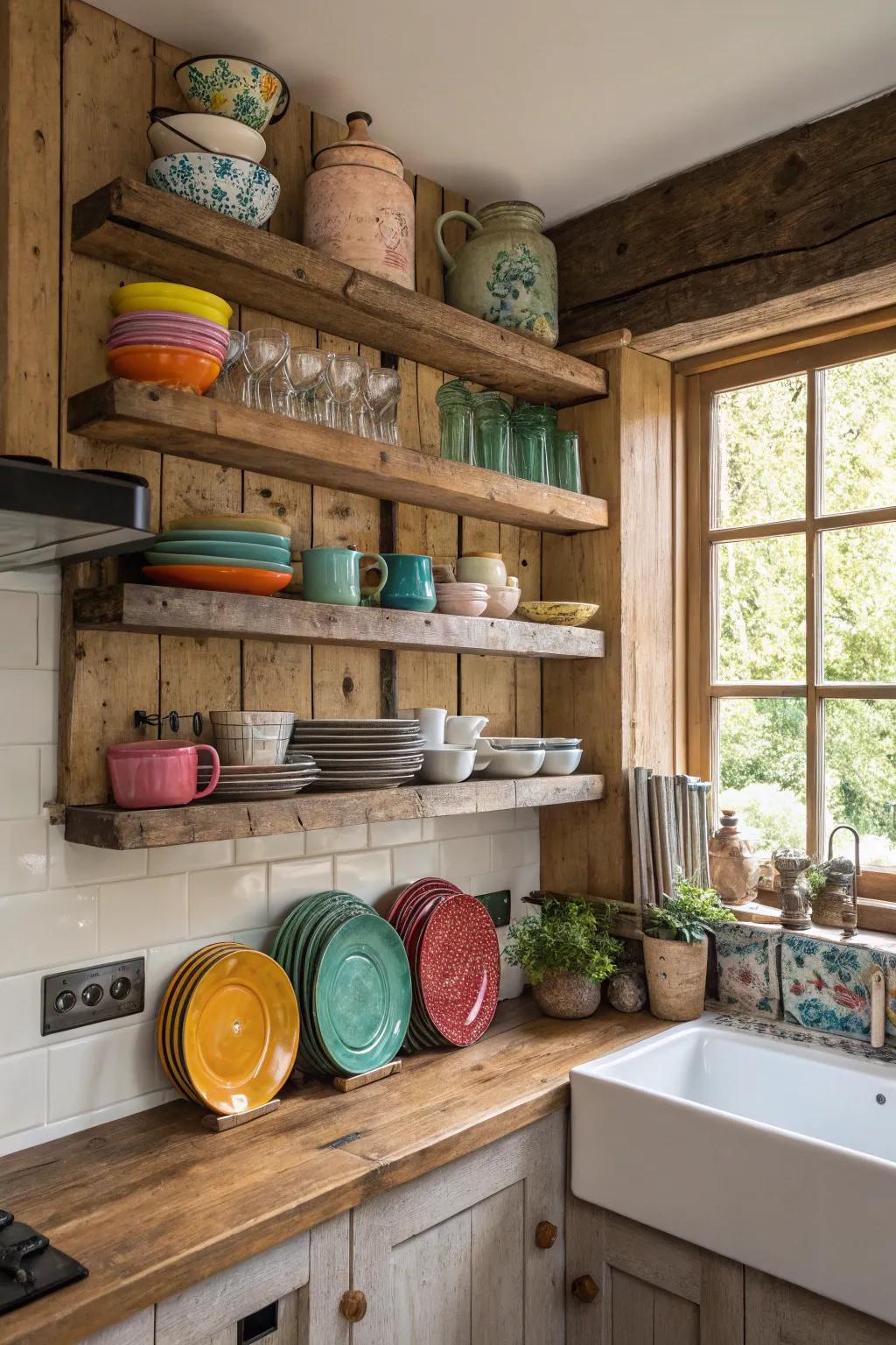 Exposed shelving offers both functionality and a decorative touch.