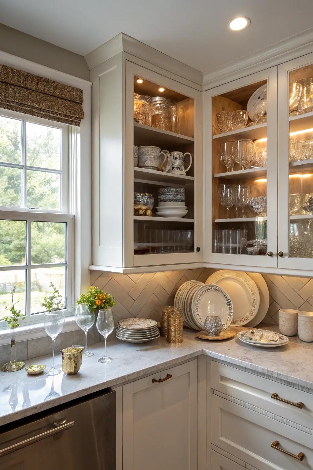 Angled cabinets create a flowing transition while showcasing lovely items.