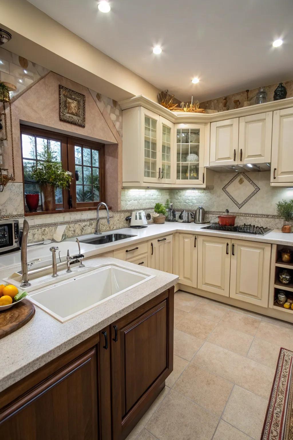 A diagonal corner sink design providing more counter space for smooth cooking.