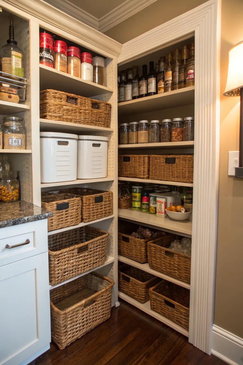 A corner pantry using woven baskets for added charm.