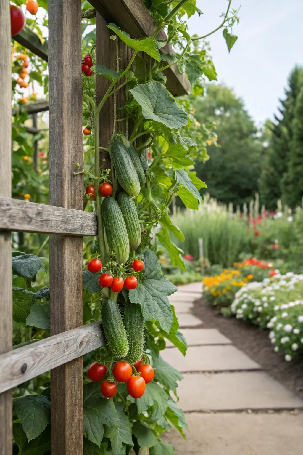 An upright edible garden showcasing cucumbers and tomatoes supported by a structure.