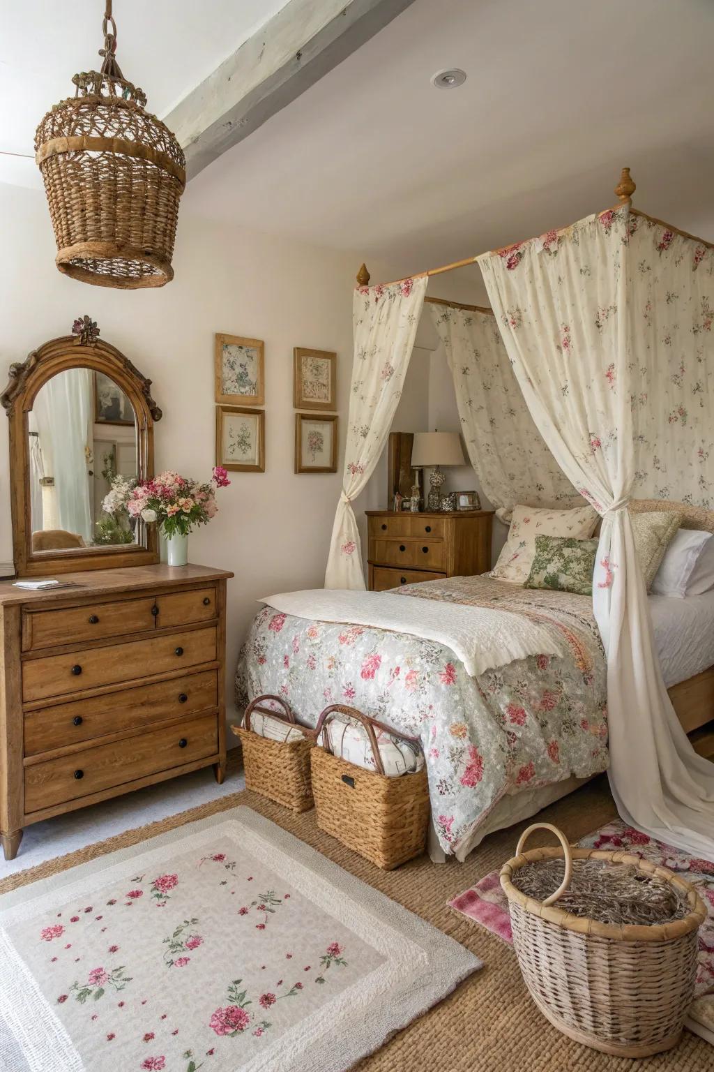 Vintage mirrors and natural fiber baskets introduce historical charm.