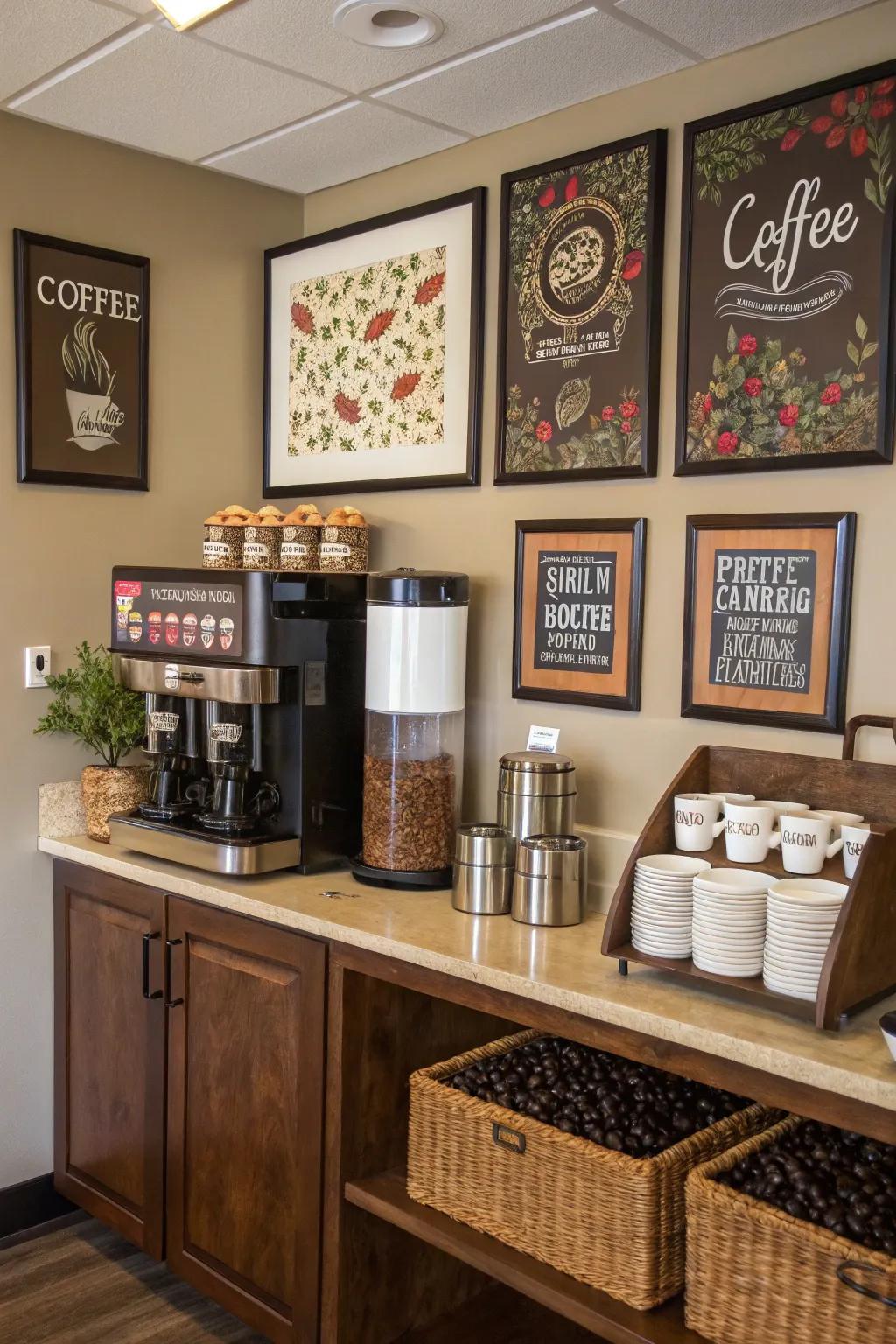 Add artwork to your coffee station for a creative vibe.