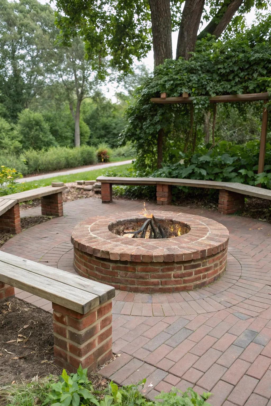 Bricks and wood merge beautifully to produce an appealing rustic fire pit.