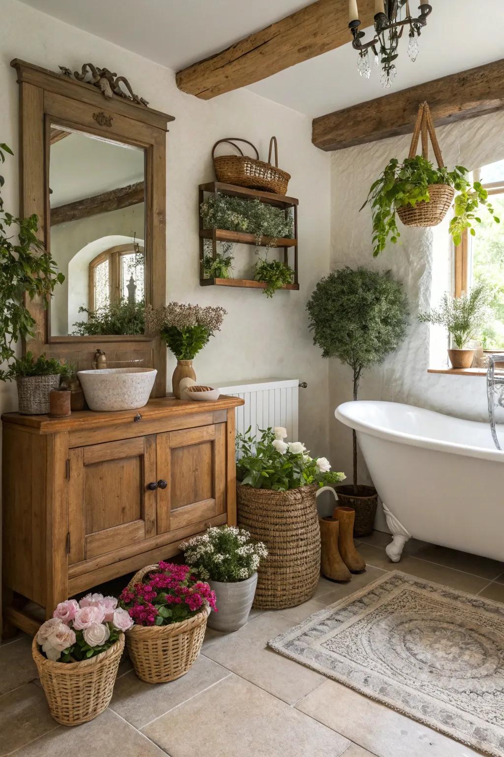 Greenery infuses vitality into this welcoming rustic bathroom.