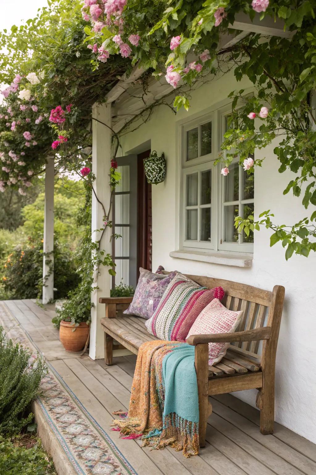 Comfortable textiles grace a wooden bench on a farmhouse porch.
