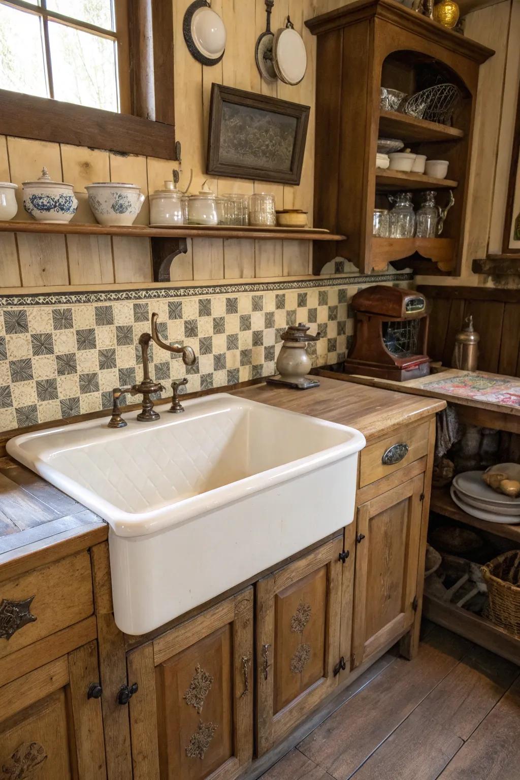 A traditional basin serves as a nostalgic centerpiece in your kitchen.