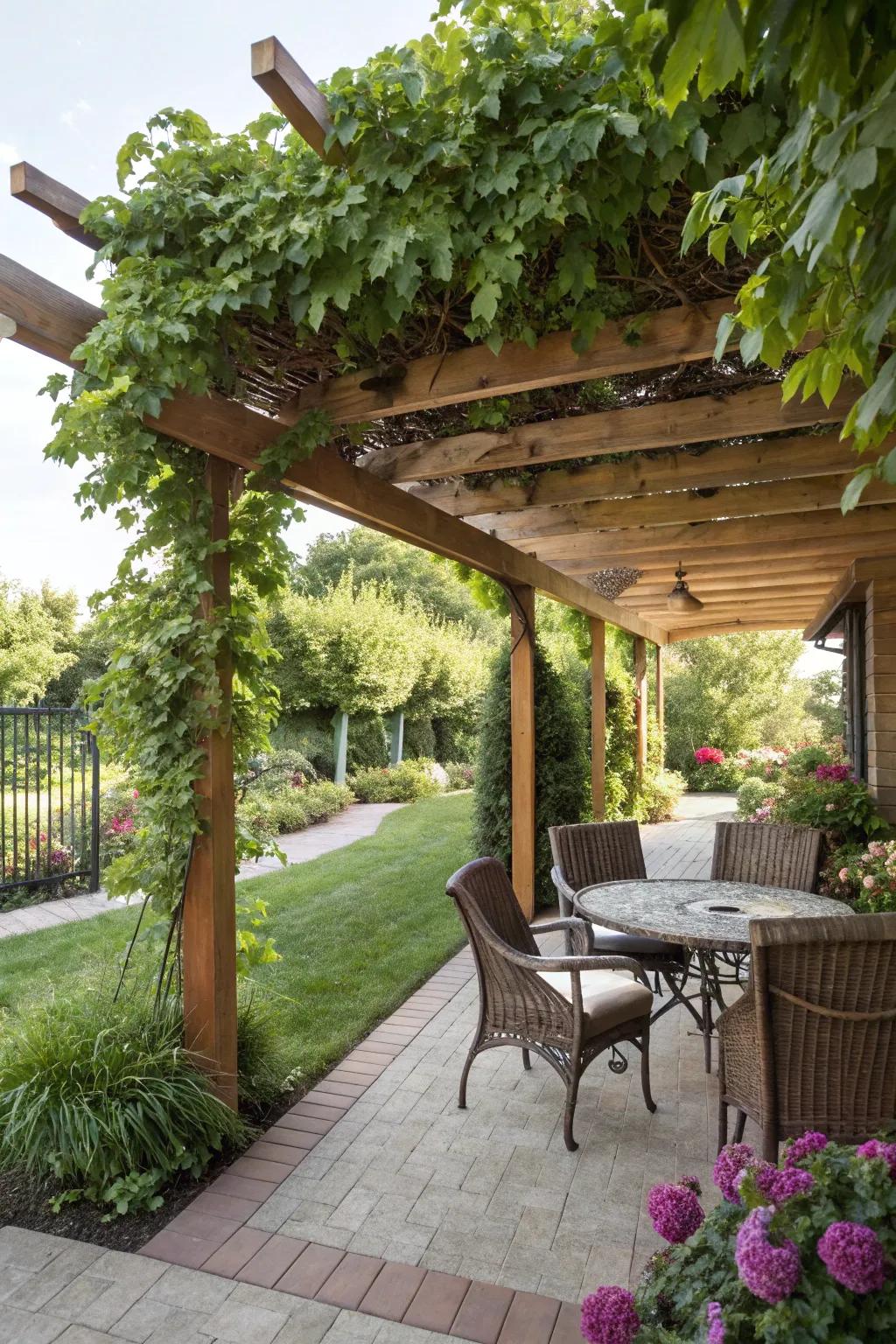 A pergola with climbing vines provides a natural, shaded getaway.