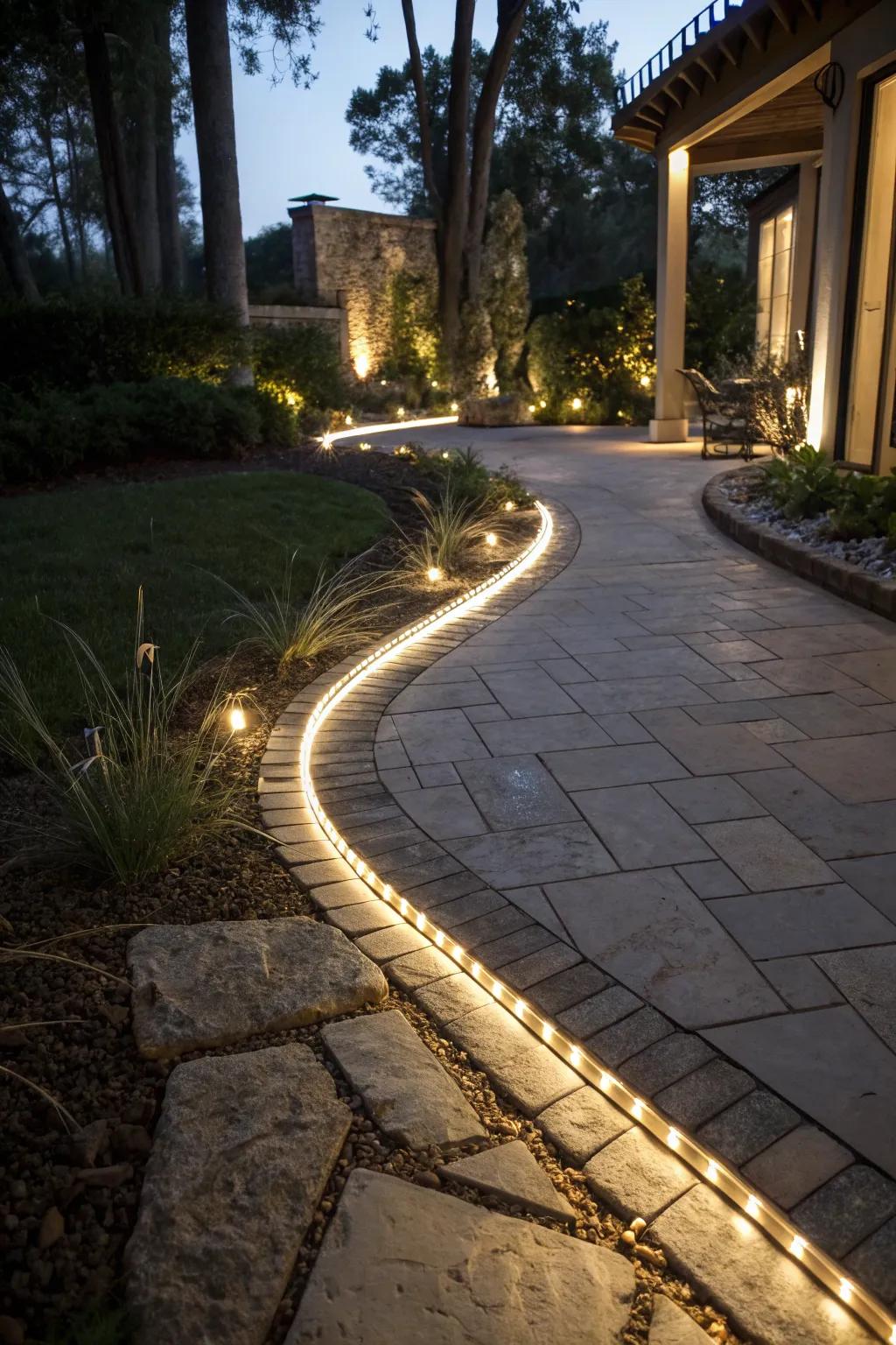 LED light tape elegantly highlights a courtyard path.