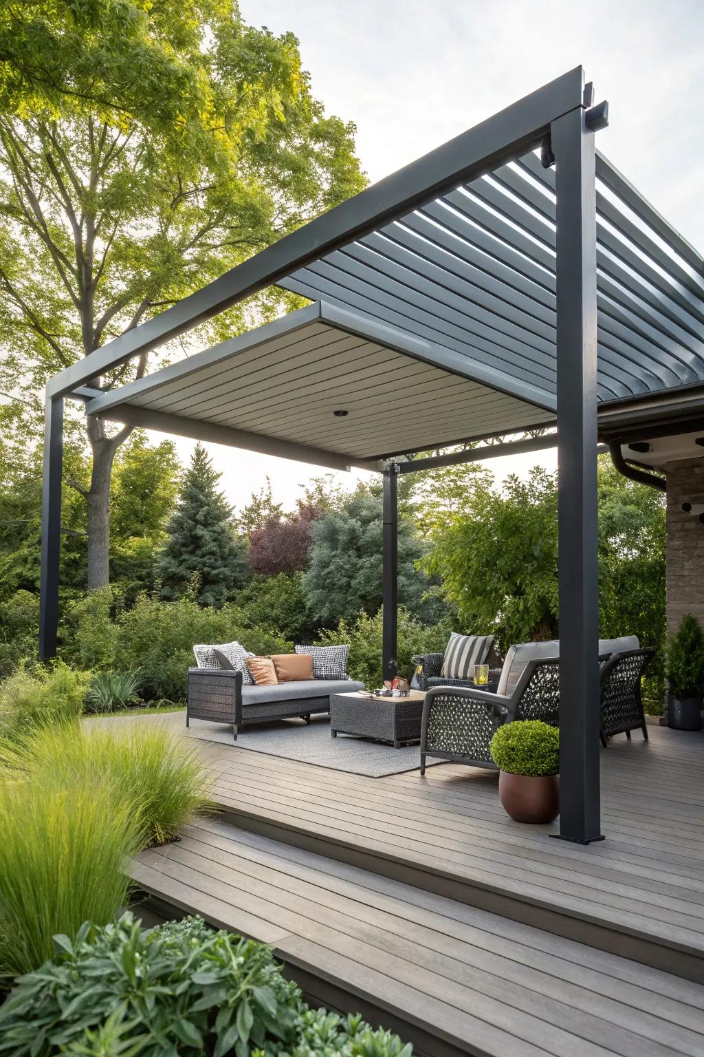 Louvered roofs offer adjustable shade and a distinctive architectural feature.