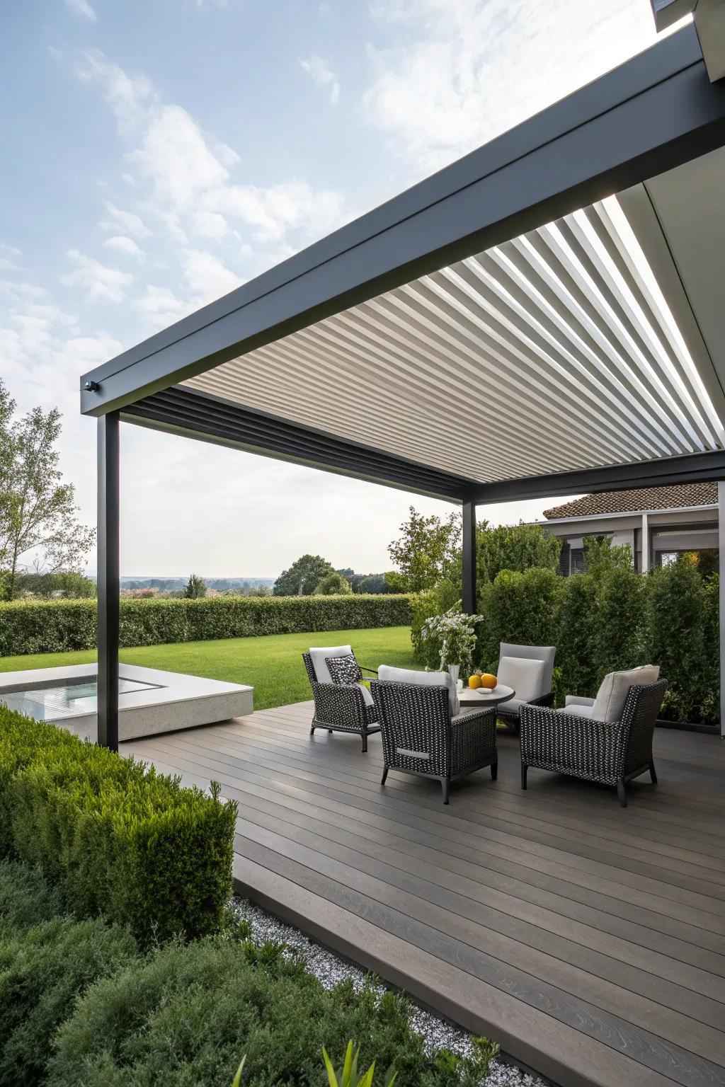 Elegant louvered roofs provide adjustable shade and sophistication for any deck.
