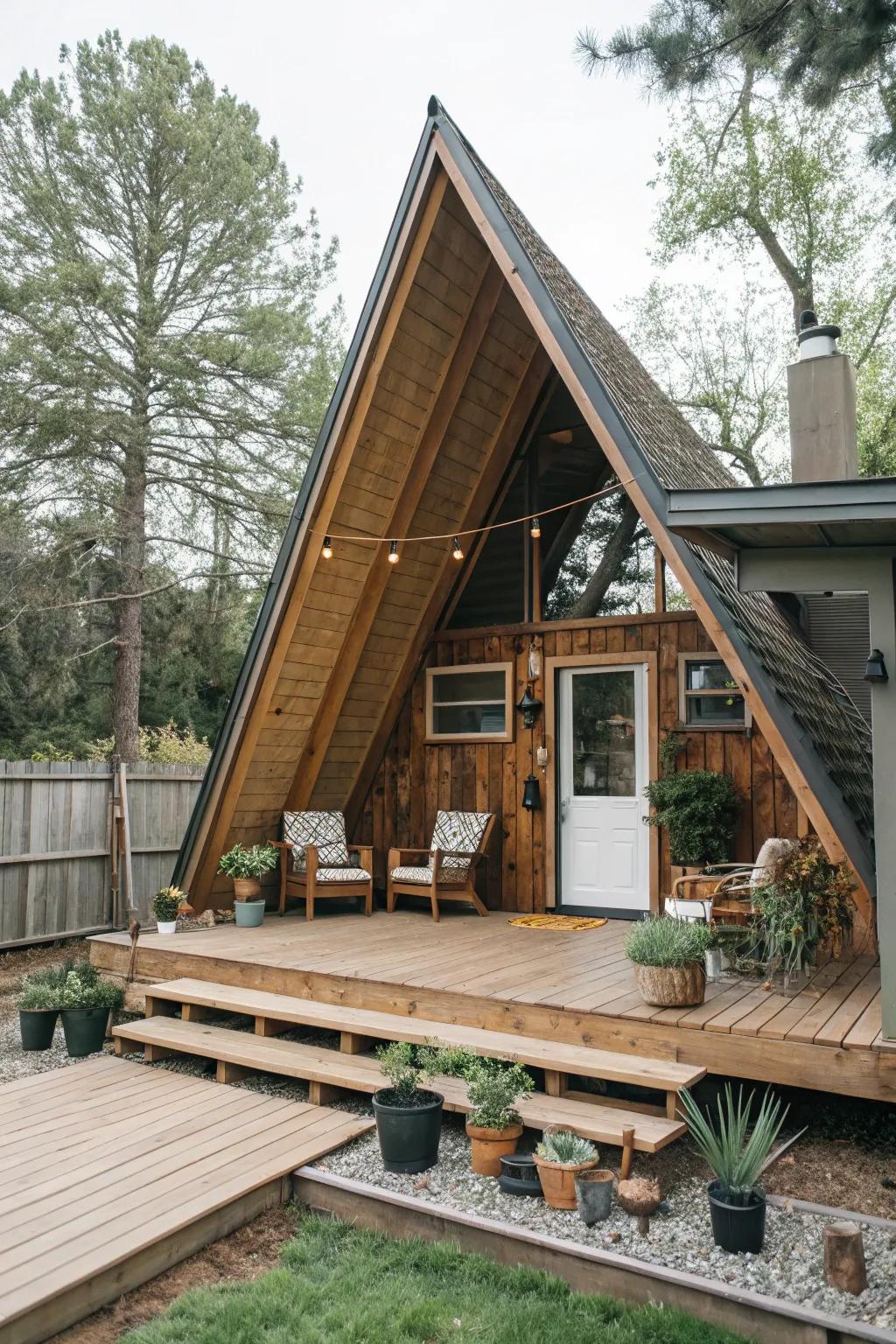An angled roof design offers a countryside hideaway vibe, great for nature enthusiasts.