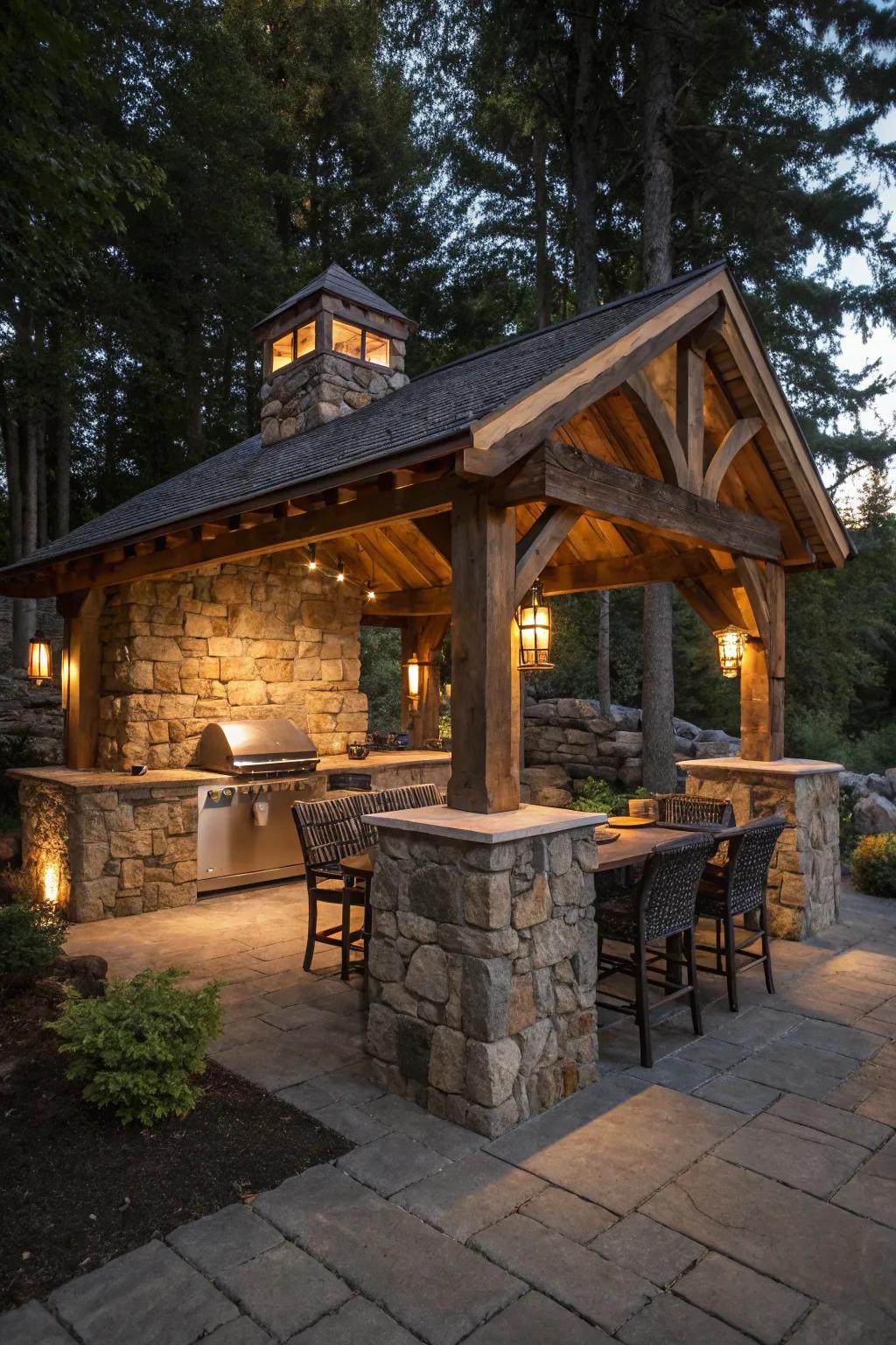 A stone meets wood shelter creating a rustic yet refined grilling area.